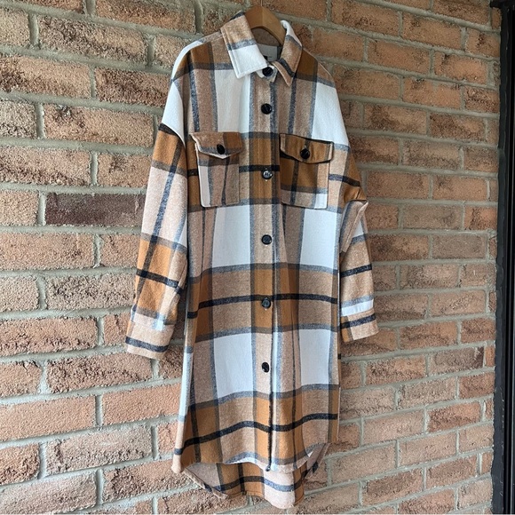 CI SONO | Brown, tan & white lightweight summer long plaid shacket jacket coat - Picture 2 of 15